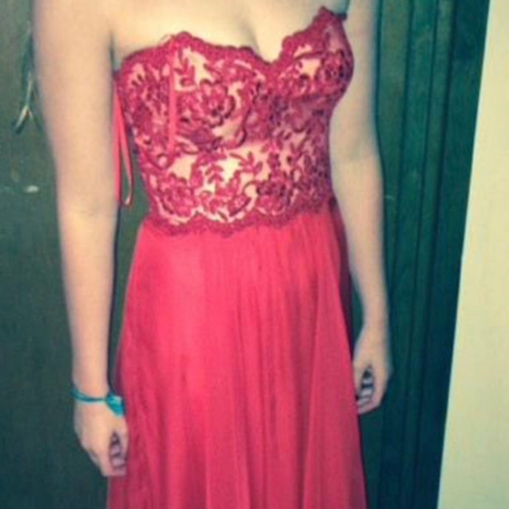 Red prom/ maxi dress with nude detail